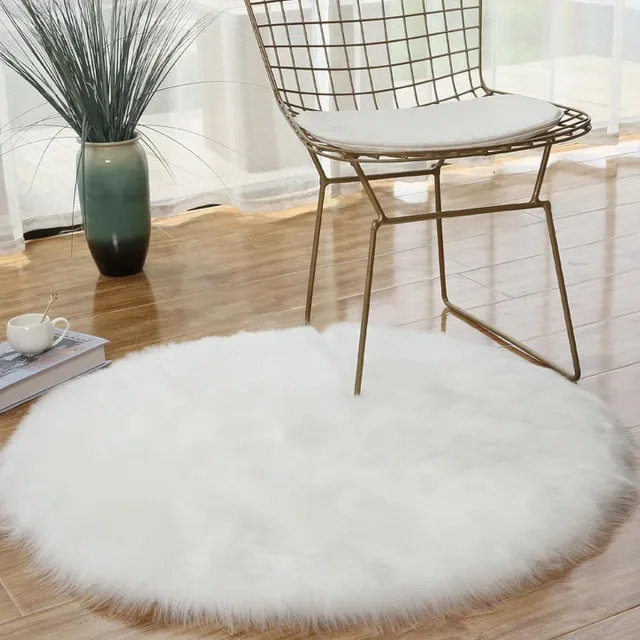 San Marque 90 x 90 Rond tapijt van schapenvacht van imitatiebont, antislip luxe hoogpolig wit nachtkastje voor slaapkamers, machinewasbaar, pluizig dik tapijt, vloerkleden