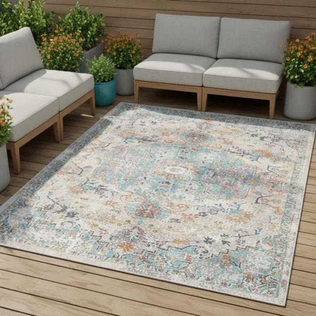 TapisTrend Designer tapijt Multicolor 140x200 cm Vintage oosters veelkleurig binnen-/buitenkleed met bloemenmedaillon voor woonkamer en terras