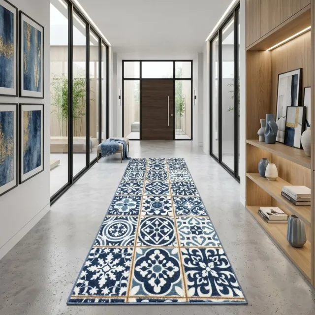 Floordirekt Tapijtloper Swansea - Vloerkleed met Azulejos-Look - Blau/Wit - Eenvoudig te Reinigen & Modern - Keukenloper - 80 x 200 cm Blauw