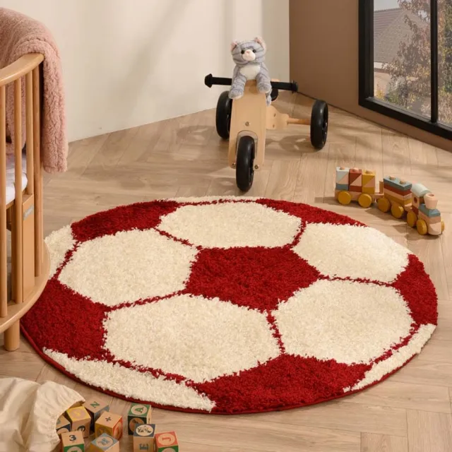 TrueWeave Voetbal vloerkleed rond - Sports crème/rood 120