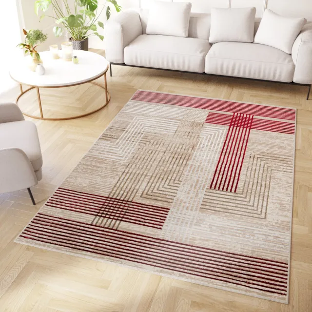 Tapiso Crystal Vloerkleed Beige Rood Lijnen 3D Effect Tapijt, foto 6