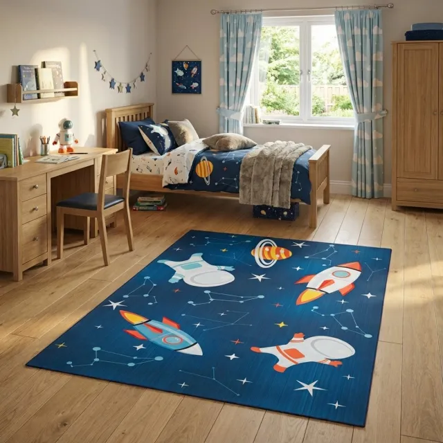 Tapiso Snooki Vloerkleed voor Kinderkamer Ruimtevaart Speelkleed met Raketten & Planeten Jongens Blauw Kindertapijt Antislip Zacht Kortpolig OEKO-TEX