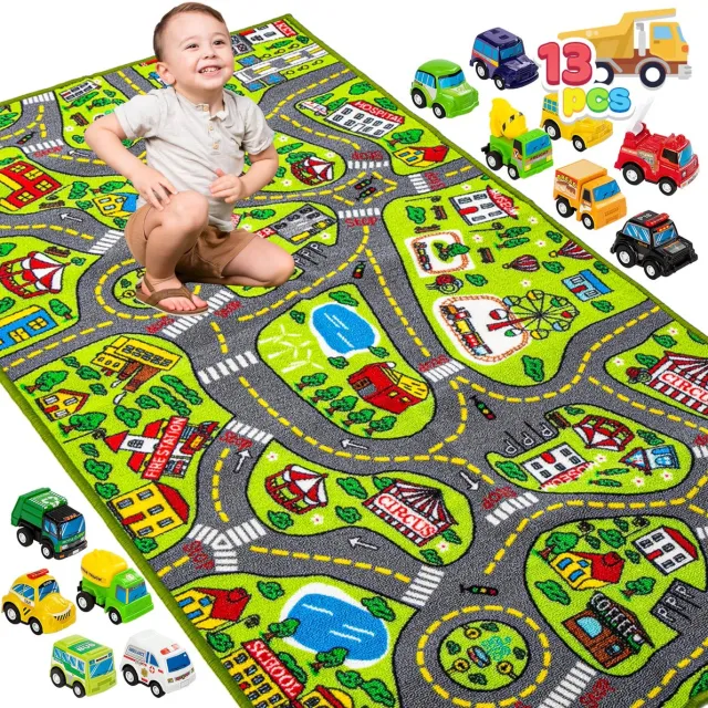 Ibenzoa Vrolijk Kindertapijt met Diverse Mini-Auto's en Educatief Speelplezier voor Kinderen kleur