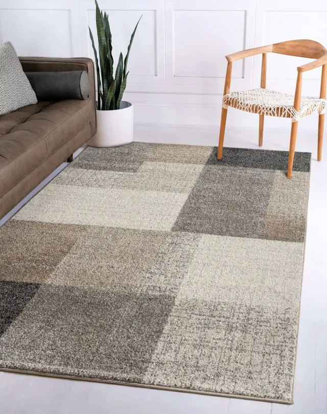 flycarpets Belos Vloerkleed Geblokt - Beige / Grijs / Taupe - Laagpolig - 120x160 cm