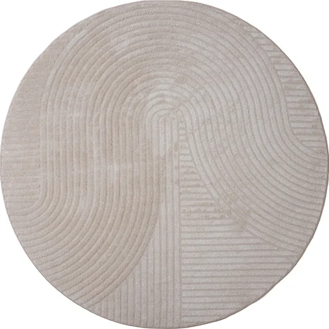 Veer Carpets Vloerkleed Ella Beige Rond ø160 cm - Design Hoog-Laag Vloerkleed met Lijnenpatroon in Scandinavische / Japandi Stijl