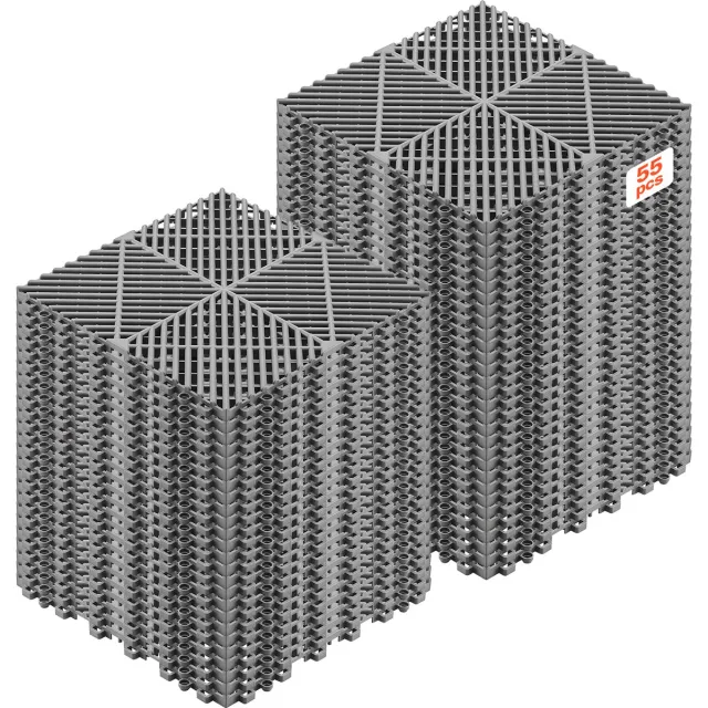 Vevor In Elkaar Grijpende Drainage Mattenset 55-Delig 31 X 31 Cm, Garagevloertegels, Antislip Kliktegels van Pp, Modulaire Garagevloer voor Badkamer, Keuken, Zwembad, Buitenruimtes, Zelfdrainerend, Grijs zwart