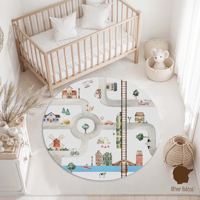 Bi & Li Creaties Rond Vinylzeil City of Vehicles Oliver Robins-kinderkamer-vinyl kleed-autoweg-kinderkameraccessoires-100cm-auto-kleed wit-blauw-grijs