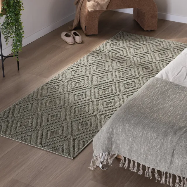 Studio Clarice Loper vloerkleed - Hidde 3D Diamond Groen | Duurzaam design - 80x200cm Wit