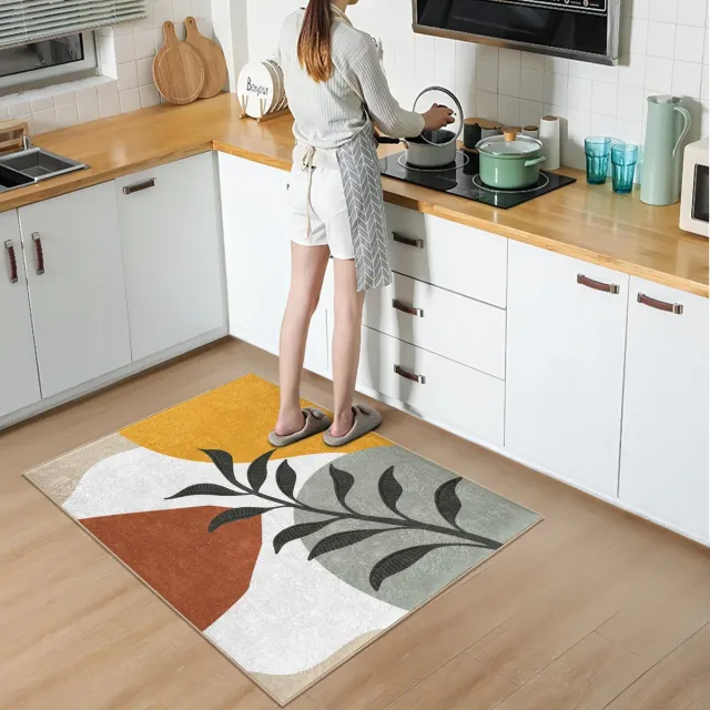 De Groen Home Vloerkleed 80x120 - FLORA COLLECTIE - Keukenloper - Deurmat - Blad patroon - Wasbaar Antislip - Laagpolig Loper tapijt Geel