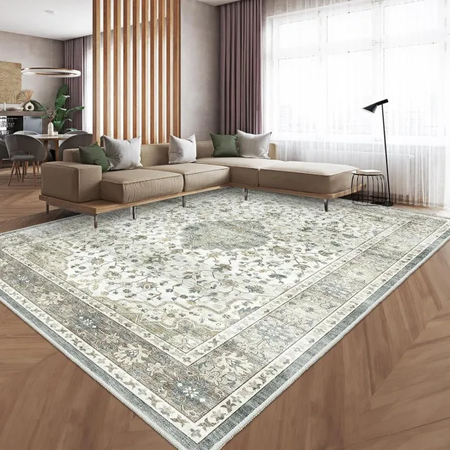 Ibenzoa Gedetailleerd Beige en Groen Berber Vloerkleed - Klassieke Textuur en Duurzaamheid grijs