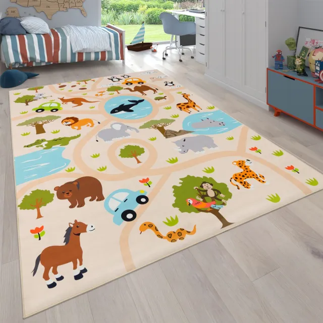 flycarpets Binola Kindervloerkleed Beige / Kleurrijk - Speelkleed / Speelmat Auto / Dieren - Laagpolig Vloerkleed Kinderkamer