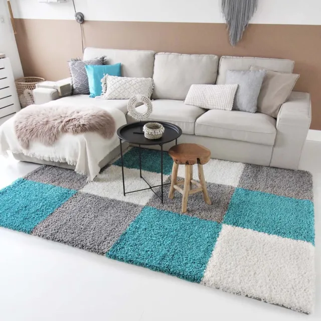 Tapeso Hoogpolige loper - Trend Cube turquoise 80x250