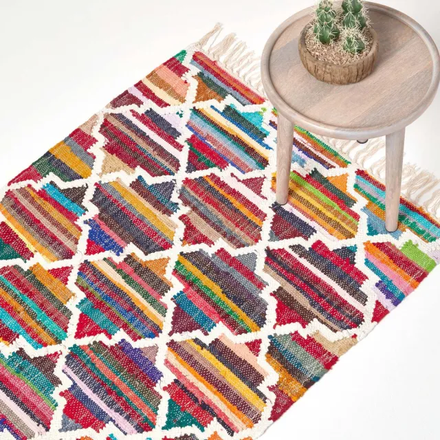 Homescapes handgeweven Amsterdams kelimkleed met geometrisch patroon van 100% katoen, kleurrijk, 90 x 150 cm Kleurrijk: Rood, Geel, Oranje, Groen, Blauw, Wit