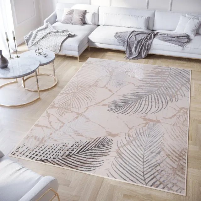 Tapiso Crystal Vloerkleed Beige Grijs Bladeren Modern Tapijt Maat- 80x150 Creme 3