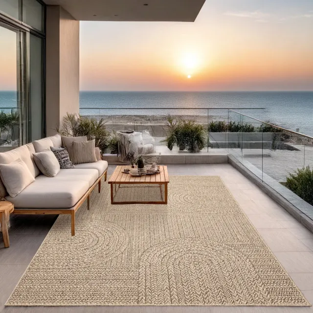 the carpet Kansas - Robuust In- en Outdoor vloerkleed, natuurlijk jute-look met cirkelmotief, weerbestendig, geschikt voor terras en tuin, 140 x 200 cm