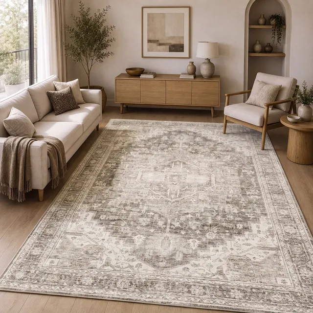 the carpet Zen Vloerkleed – Vintage Oosters Medaillon Design – Wasbaar & Antislip – Beige – 240 x 330 cm
