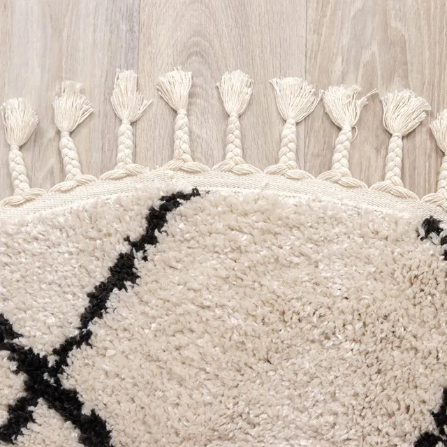 Fraai Rond hoogpolig vloerkleed - Grand Lines Weave Creme/Zwart - Ø 100cm Crème
