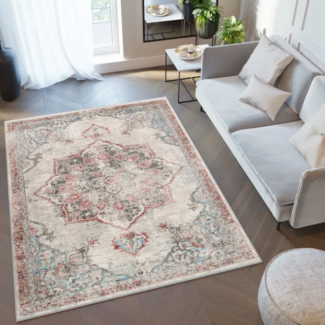 Tapiso Retro Vloerkleed Retro Rood Grijs Lotusbloem Vintage Tapijt Beige Rood 3