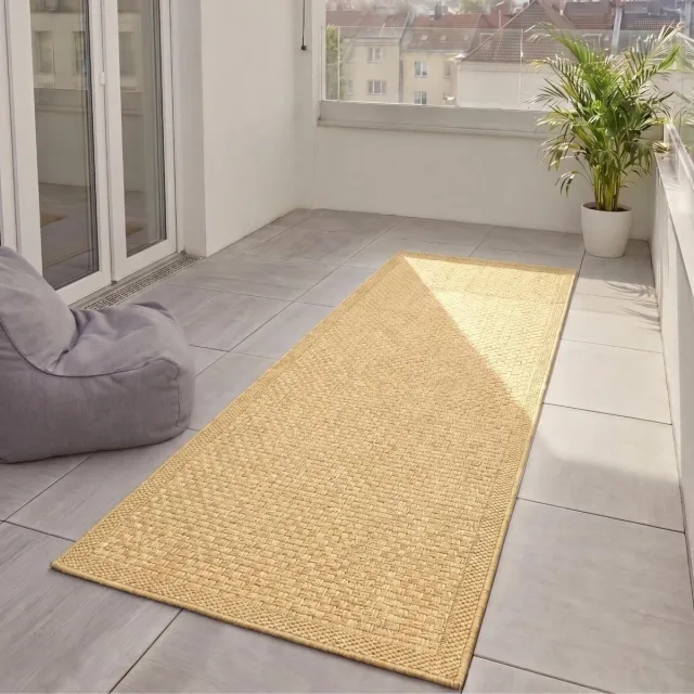 Famanu Basic in- en outdoor vloerkleed Iowa, beige, 80 x 250 cm, Boho jute-look, weerbestendig voor balkon, terras en tuin