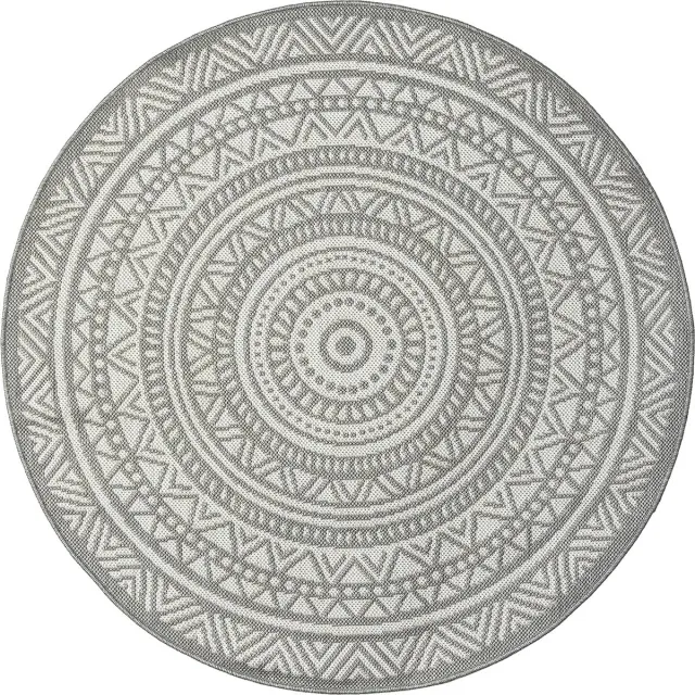 the carpet Mistra – robuust buitentapijt, weerbestendig & modern, voor balkon, terras of keuken, grijs met etnisch rond patroon, 120 cm rond