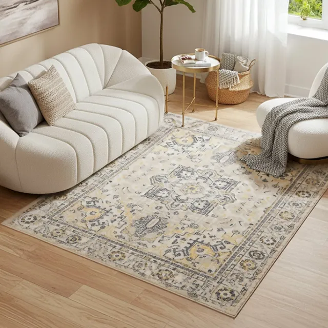 Tapiso ASH Vloerkleed Beige Grijs Vintage Design Laagpolig Antislip Tapijt Voor Woonkamer Slaapkamer en Hal - 140x200