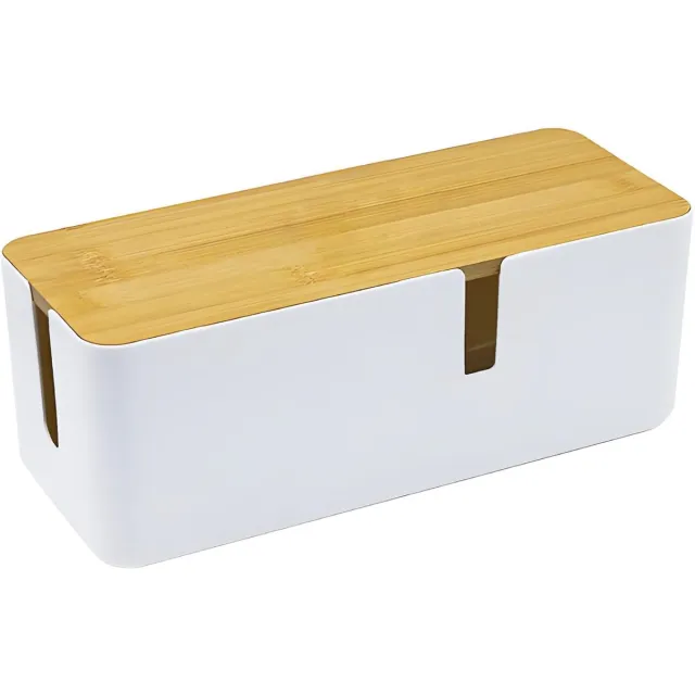 Famanu Kabeldoos - grote kabelbox met bamboe deksel - kabelbeheerdoos - witte kabelorganizer voor het verbergen van kabels en stekkers