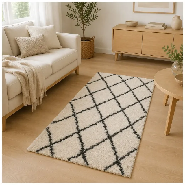 La Sheba Shaggy Wasbaar Vloerkleed – Gebroken Wit/Antraciet – Geometrisch Ruitpatroon – 80 x 150 cm