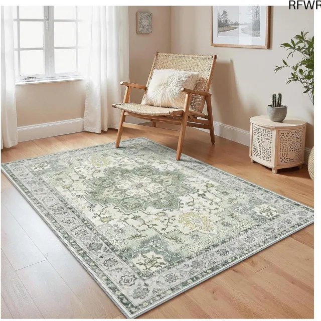 RFWR Machinewasbaar Vintage Tapijt voor Woonkamer en Slaapkamer – Antislip Vloerkleed 120x170 cm in Groen