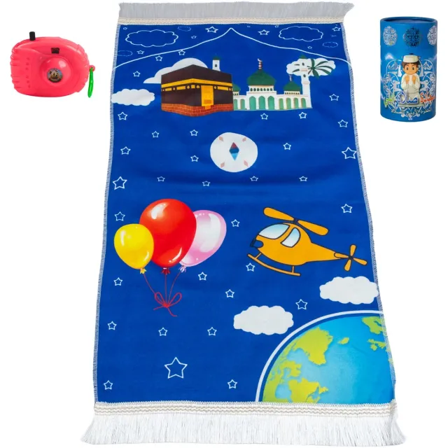 Firaset Islamitische Gebedsgeschenkset voor Kinderen – Zacht Fluwelen Gebedskleed, Tasbih met 99 Kralen, Speelgoedcamera & Spaarpot | Moslim Sajadah – Blauw