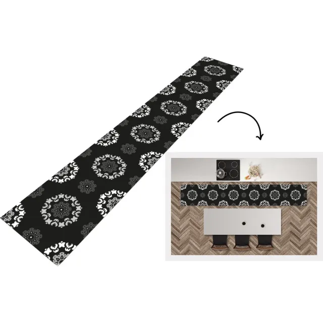KitchenYeah Keukenloper - Loper keuken - Mandala - Patronen - Zwart Wit - 300x50 cm - Keukenloper vinyl Zwart; Wit