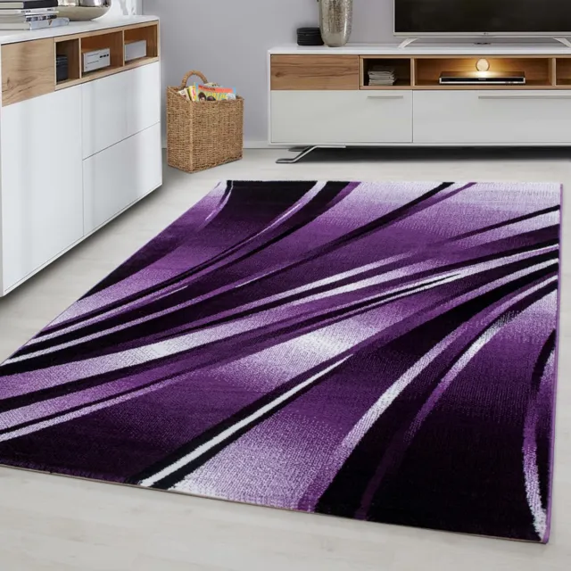 Ayyildiz Laagpolig vloerkleed met abstract golfpatroon, violette kleur, geschikt voor de woonkamer, met een jute achterkant lila paars