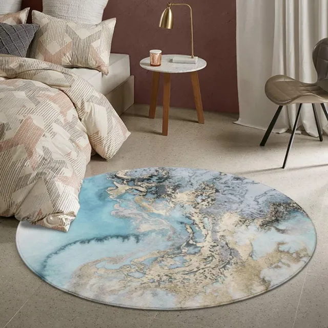 Famanu Rond tapijt marmerpatroon 90 cm faux wol antislip vloerkleed voor woonkamer en slaapkamer Blauw