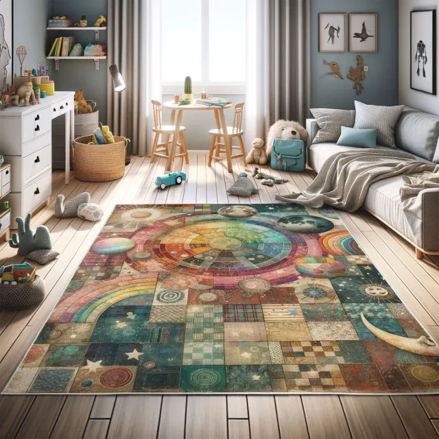 ABAKUHAUS Vloerkleed - Woonkamer Tapijt – planeten en sterren – Hoogpolig – 60 x 152 cm – meerkleurig bruin