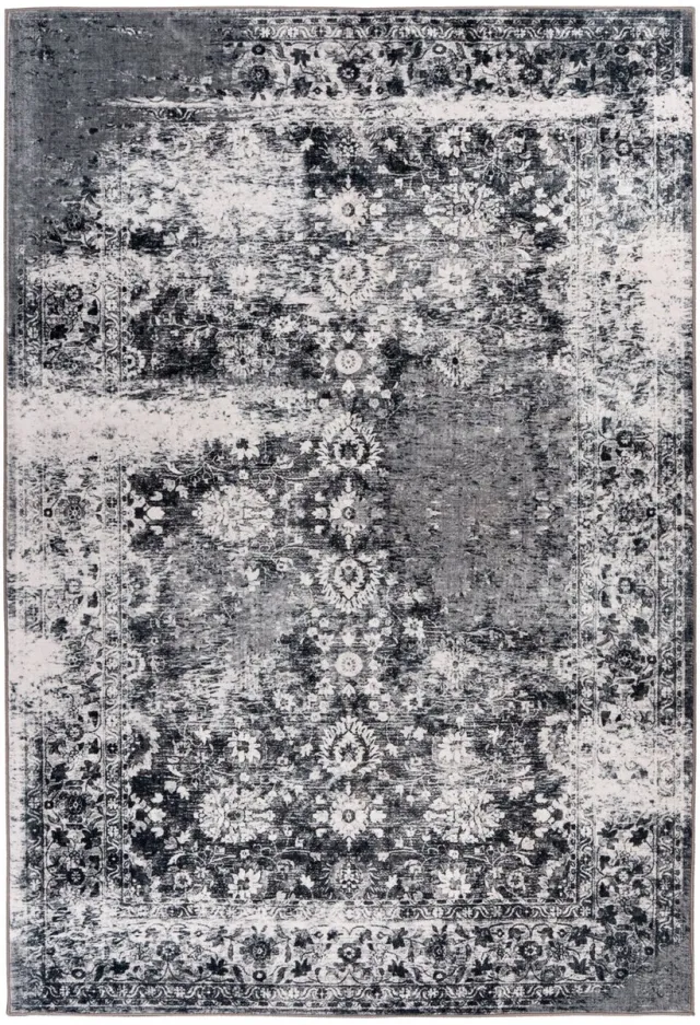 Padiro elegant laagpolig vloerkleed 120 x 170 cm - donkergrijs - vintage patroon - voor vloerverwarming - van polyester en katoen