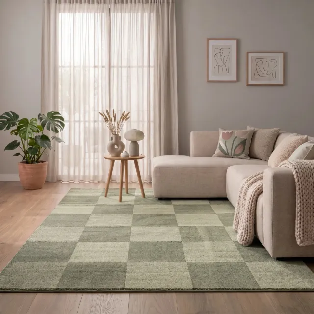 flycarpets Mysa Vloerkleed Groen - Geblokt - Laagpolig Tapijt - 80x150 cm