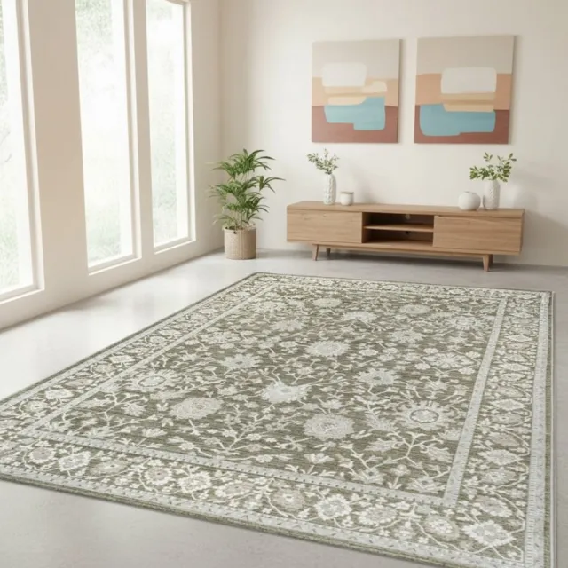 TapisTrend Designer tapijt Groen Oosterse groene mat met symmetrische bloemenpatronen en een brede decoratieve rand voor de woonkamer en slaapkamer