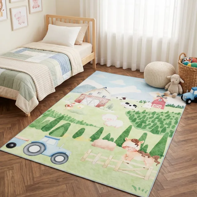 Tapiso Kids Kindervloerkleed Boerderij Speelkleed – Groen Tractor Koeien Schapen Kinderkamer – Antislip Wasbaar 180x250 Geel