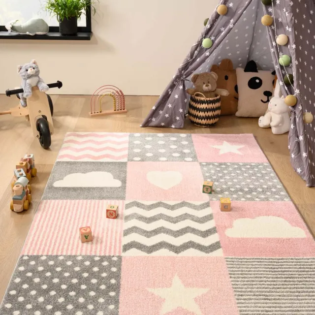 Tapeso Kindervloerkleed blokken - Adventures roze/grijs 140x200