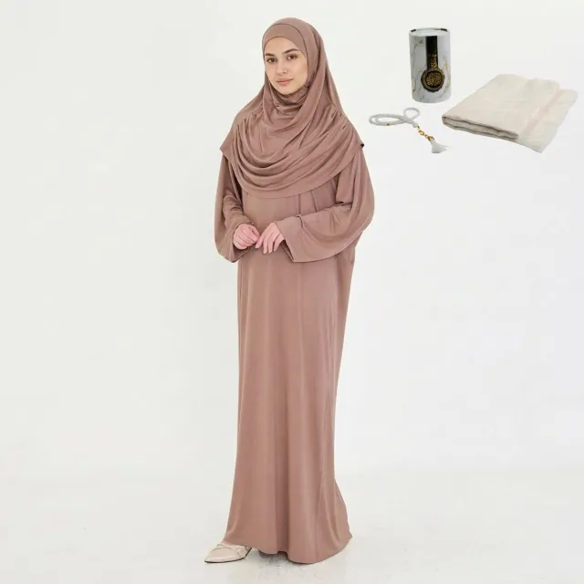 Firaset Nertskleurig 2-delige Gebedskleding van Viscose met Opbergtasje + islamitische geschenkset met gebedskleed (seccade) en gebedskralen, cilindervormige doos – Made in Turkije