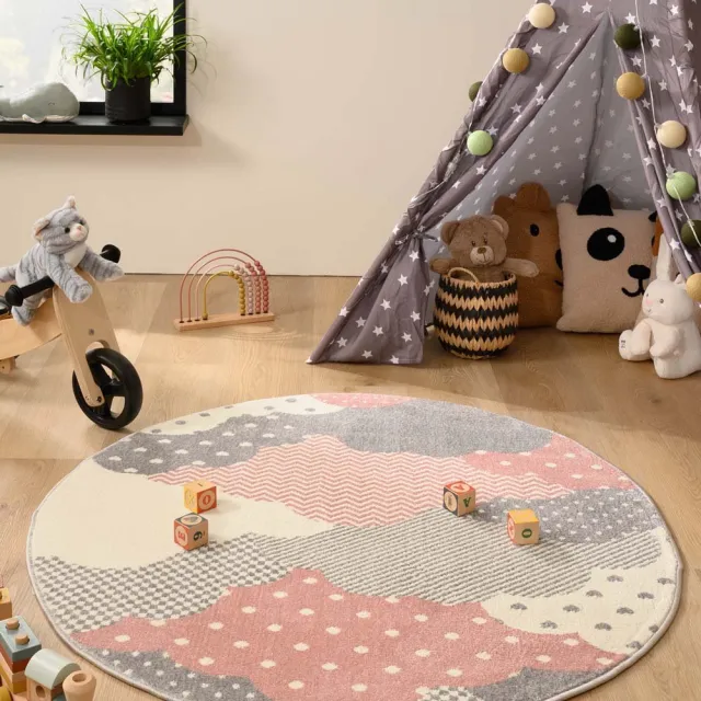 Tapeso Rond kindervloerkleed wolk - Magic roze/grijs 160