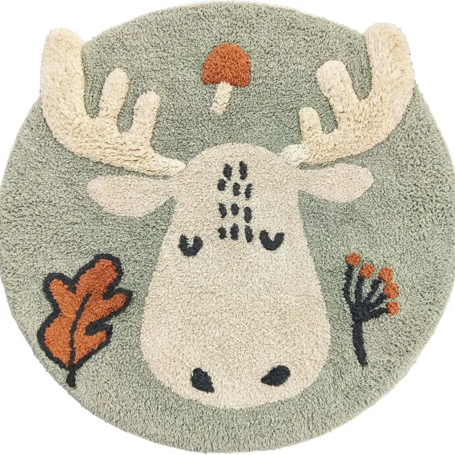 Mats & Joy Rond Kinderkamer Vloerkleed met Eland Ø 80 cm - Katoen - Wasbaar - Zacht Kindertapijtje - Kinderkamer Tapijt - Cotton Collection saliegroen