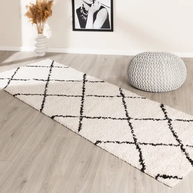Fraai Hoogpolige loper - Grand Lines Creme/Zwart - 80x300cm Zwart/Wit