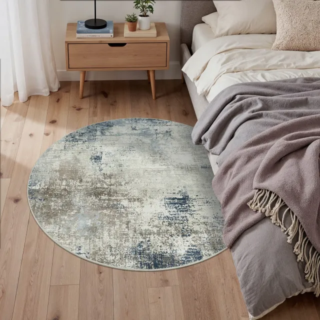 GENIMO Tapijt -Rond vintage boho ontwerp-Machinewasbaar en onderhoudsvriendelijk-Zacht polyester voor woonkamer en slaapkamer-Blauw