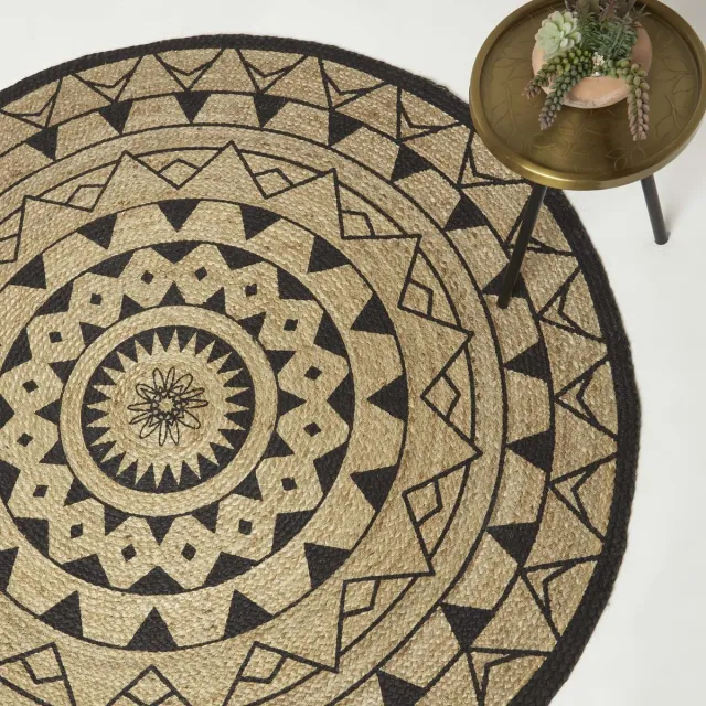 Homescapes Mandala rond vloerkleed 120 cm - gevlochten jute vloerkleed, zwart-naturel Zwart-Natuurlijk