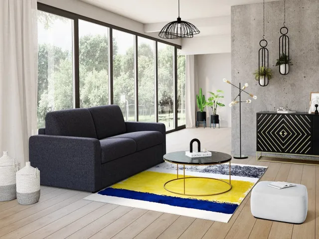 Vente-unique Vloerkleed - 160 x 230 cm - Mosterdgeel, marineblauw, grijs - CAMDEN Nachtblauw, Mosterdkleur