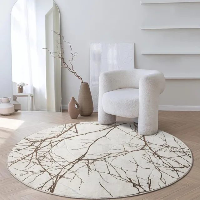 the carpet Mila – Modern vloerkleed met takkenmotief en glansstructuur, geschikt voor woonkamer en hal, crème met bruin takken, 200 cm rond