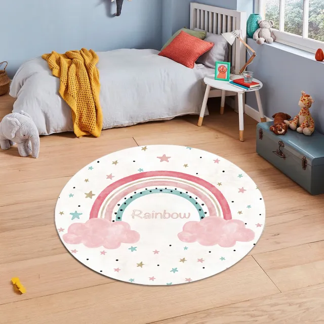 Zeo Wood Vloerkleed Kinderkamer - Speelkleed Baby - Speelmat - Speeltapijt - Tapijt voor Kinderkamer - 120*120 cm - Vloerkleed Rond Regenboog
