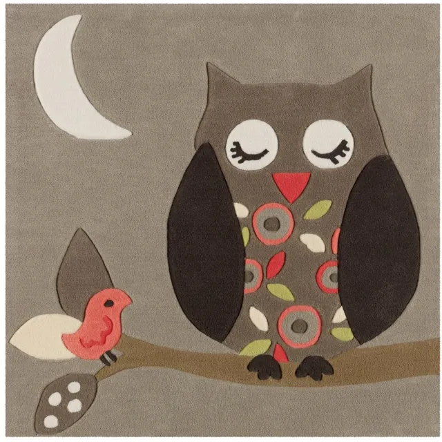 Padiro vierkant speels kindervloerkleed 130 x 130 cm - lichtbeige - speels kindermotief - met uilenmotief - voor vloerverwarming - van modacryl, polyester en katoen