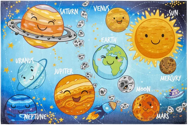 Padiro speels kindervloerkleed 120 x 170 cm - donkerblauw - speels kindermotief - met universummotief - voor vloerverwarming - van polyester en latex