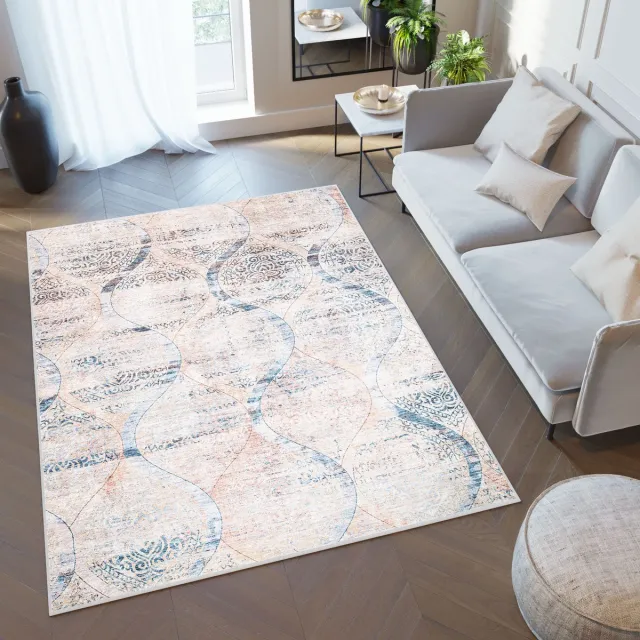 Tapiso Toscana Vloerkleed Vintage Blauw Beige Ornamenten Tapijt Beige Blauw